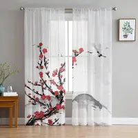 Yiran Furniture Plommonblommor Fåglar Blommor Genomskinliga Gardiner i Kinesisk Stil för Vardagsrumsdekoration Fönstergardin Kök Tyll Voile Draperier W135 x H115cm x1&Grommet Top