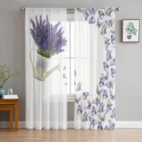 Yiran Furniture Lila lavendelblomma fjäril lila rutiga transparenta gardiner vardagsrumsdekoration fönstergardin kök tyll voilegardiner W135 x H115cm x1&Grommet Top