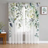 Household supplies MH Växter i pastoral stil Eukalyptusblad Skira gardiner för vardagsrumsdekoration Fönstergardiner Kök Tyll Voilegardiner W135 x H115cm x1 white
