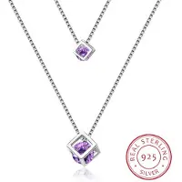 YIRAN Jewelry 925 Sterling Silver Kvadratisk Kubisk Zirkonia Choker Statement Halsband För Kvinnor Dubbla Lager Hängen & Halsband S -N209 violett