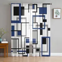 Yiran Furniture Geometriska Trianglar Skira Gardiner för Sovrum Vardagsrum Dekoration Fönstergardin för Kök Tyll Voile Organza Draperier W135 x H115cm x1&Grommet Top blue