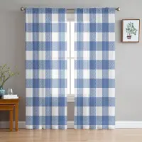Household supplies MH Mörkblå rutiga skira gardiner i pastoral stil för vardagsrumsdekoration Fönstergardiner Kök Tyg Tüll Voile Organza-gardiner W135 x H115cm x1