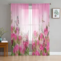 Household supplies MH Blommor Fjäril Ros Skira Gardiner för Vardagsrumsdekoration Fönstergardiner för Kök Tyll Voile Organza Gardiner W135 x H115cm x1 white