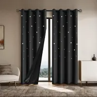 Yiran Furniture 1 st Romantiska Ihåliga Stjärn Mörkläggningsgardiner, Full Ljusblockerande Texturerade Fönstergardiner för Sovrum, Vardagsrum 100X250CM 1PC&Grommet Top svart