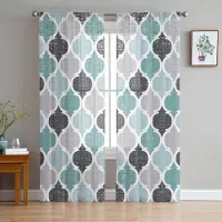 Household supplies MH Geometriska Cyan Vintage Marockanska Skira Gardiner för Vardagsrumsdekoration Fönstergardiner Kök Tyll Voile Organza Gardiner W135 x H115cm x1