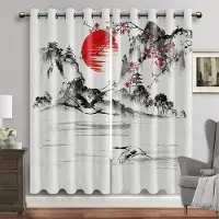 Yiran Furniture Japanskt landskap Traditionell tuschmålning Skuggardiner Vardagsrum Sovrum Klassiska gardiner Rumsfönsterdekor 2 paneler 50W130H(CM)x2&Grommet Top