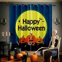 Yiran Furniture Tecknade Tryckta Gardiner, Halloween Dekoration, Polyesterfiber, Häxa, Pumpa, Anpassat Mönster, Sovrum, Vardagsrum, Högtid W50X130H(CM)X2PCS&Rod pocket