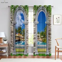 Yiran Furniture Fönstergardiner Tryckt mönster av havslandskap Stångficka Sovrum Vardagsrum Kök Gardiner Hemdekoration 2 Delar W50xH140(CM)x2PCS&Grommet Top