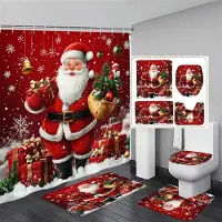 Household supplies MH Jul Duschdraperi och Matta Set Snögubbe Jultomte Snöig Julklappar Hängande Draperi Matta Toalettskydd Badrumsdekor W150xH180cm