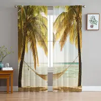 Household supplies MH Solnedgångsstrand Palmträd Skira Gardiner för Vardagsrumsdekoration Fönstergardiner för Kök Tyll Voile Organza Gardiner W135 x H115cm x1