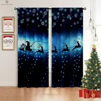 Yiran Furniture Julgardiner Snögubbe Öppen spis Julgran Rödtryckta gardiner Sovrum Matsal Nyår Högtidsfest Dekoration W50xH130(CM)x2PCS&Grommet Top blue