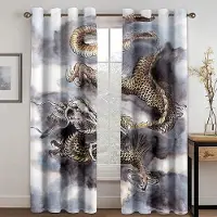 Household supplies MH Kinesisk mytologi drakmotiv gardin vardagsrum balkong orientalisk totemstil låg skuggning heminredning gardintyg W50xH130(CM)x2pcs&Grommet Top