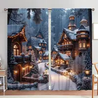 Household supplies MH 2 st Vinterstad Snölandskap Tryckt Gardin för Jul Heminredning - Stångficka Fönsterbehandling för Sovrum, Kontor, Kök 52.5cmX116cm X 2pcs gray