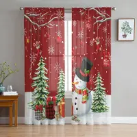 Household supplies MH Jul Snögubbe Snöflinga Röd Skira Gardiner för Vardagsrumsdekoration Fönstergardiner Kök Tyll Voile-gardiner W135 x H115cm x1