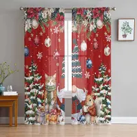 Household supplies MH Dvärg Snöflinga Julgranskula Gåva Katt Ekorre Skira Gardiner Rumsdekoration Fönstergardin Kök Tyll Voile Gardiner W135 x H115cm x1 red