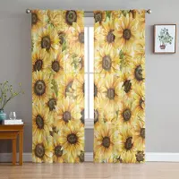 Household supplies MH Solros Akvarellblommor Skira Gardiner för Vardagsrumsdekoration Fönstergardiner för Kök Tyll Voile Organza Gardiner W135 x H115cm x1 beige