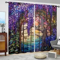 Household supplies MH 2 st Målat glas Blomma Wisteria Tryckt Gardin för Heminredning - Stångficka för Sovrum, Kontor, Kök och Vardagsrum 52.5cmX116cm X2pcs gray