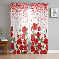 Household supplies MH Alla hjärtans dag Hjärtan Röda rosor Skira gardiner för vardagsrumsdekoration Fönstergardiner Kök Tyll Voile Organza Gardiner W135 x H115cm x1