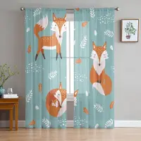 Household supplies MH Tecknad Djur Räv Orange Blå Löv Skira Gardiner för Vardagsrumsdekoration Fönstergardiner Kök Tyll Voile Gardiner W135 x H115cm x1