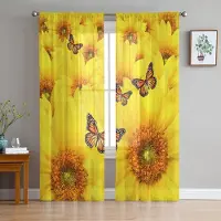 Household supplies MH Gula Solros Fjäril Blommor Växt Skira Gardiner för Vardagsrumsdekoration Fönstergardiner Kök Tyll Voile Gardiner W135 x H115cm x1