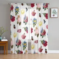 Household supplies MH Färgglada Blommor Fjärilar Vita Skira Gardiner för Vardagsrumsdekoration Fönstergardiner Kök Tyll Voile Organza Gardiner W135 x H115cm x1