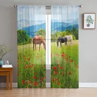 Household supplies MH Ängshästar Blommor Skira Gardiner för Vardagsrumsdekoration Fönstergardiner för Kök Tyll Voile Organza Gardiner W135 x H115cm x1
