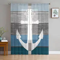 Household supplies MH Vintage Lada Ladugård Träådring Ankare Blå Skira Gardiner för Vardagsrumsdekoration Fönstergardiner Kök Tyg Gardiner W135 x H115cm x1