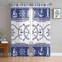 Household supplies MH Roder Ankare Blå Ränder Skira Gardiner för Vardagsrumsdekoration Fönstergardiner för Kök Tyll Voile Organza Gardiner W135 x H115cm x1