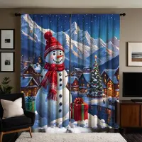 Household supplies MH 2 stycken HD Jul Snöberg landsbygd snögubbe dekorativ gardin Blå bindband digitaltryckt gardin Heminredning stil W52H63inchW132H160cm