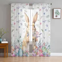 Household supplies MH Påskägg Kanin Blommor Skira Gardiner för Vardagsrumsdekoration Fönstergardiner Kök Tyll Voile Organza Gardiner W135 x H115cm x1