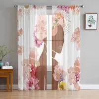 Household supplies MH Kvinnlig Böhmisk Stil Blommor Växter Brun Skira Gardiner för Vardagsrumsdekoration Fönstergardiner Kök Tyg Gardiner W135 x H115cm x1