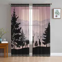 Household supplies MH Trä Skog Silhuett Rådjur Djur Solnedgång Genomskinliga Gardiner för Vardagsrumsinredning Fönstergardiner Kök Tyll Voile Gardiner W135 x H115cm x1 gray