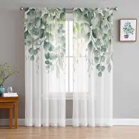 Household supplies MH Vår Akvarell Växt Eukalyptusblad Skira Gardiner för Vardagsrumsdekoration Fönstergardiner Kök Tyll Voile Gardiner W135 x H115cm x1 white