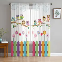 Household supplies MH Tecknad Barn Söt Uggla Blomma Genomskinliga Gardiner för Vardagsrumsinredning Fönstergardiner för Kök Tyll Voile Organza Gardiner W135 x H115cm x1