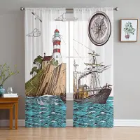 Household supplies MH Retro Illustration Fyr Segelfartyg Skira Gardiner för Vardagsrumsinredning Fönstergardiner Kök Tyll Voile Gardiner W135 x H115cm x1 white
