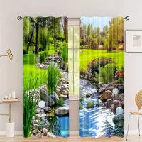 Yiran Furniture Park Natur Fyra Årstider Landskap Semimörkläggande Gardiner 2 st Art Deco Draperier Stångficka Dekoration för Sovrum Kök Persienner 100W130H(CM)40x51in&Grommet Top yellow