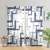 Household supplies MH 2 stycken, blå vit grå rutiga geometriska gardiner - lämpliga för vardagsrum, sovrum och heminredning - tillför dekorativt nöje. W150CM H166CM&Rod pocket