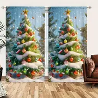 Household supplies MH 2 st Julgran Snötryckt Gardin för Jul Heminredning - Stångficka Fönsterbehandling för Sovrum, Kontor, Kök 52.5cmX116cm X 2pcs