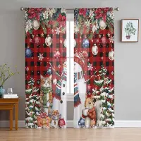 Household supplies MH Julgran Snögubbe Katt Ekorre Snöflinga Kula Rutig Skira Gardiner Rumsdekor Fönstergardin Kök Tyg Gardiner W135 x H115cm x1