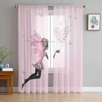 Household supplies MH Rosa Flicka Blomma Fjäril Skira Gardiner för Vardagsrumsdekoration Fönstergardiner för Kök Tyll Voile Organza Gardiner W135 x H245cm x1