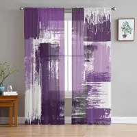 Household supplies MH Geometrisk Abstrakt Oljemålningsstil Lila Skira Gardiner för Vardagsrumsinredning Fönstergardiner Kök Tyll Voile Gardiner W135 x H115cm x1
