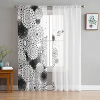 Yiran Furniture Maskrosblommor Svart Vit Skira Gardiner för Vardagsrumsdekoration Tyll Voile Organza Fönstergardiner för Kök Sovrum W135 x H115cm x1&Rod Pocket