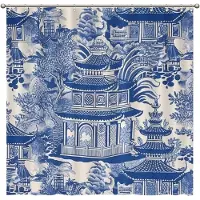 Yiran Furniture Aqua Tealblå Asiatisk Scenisk Duschdraperi Orientalisk Forntida Pagod Kina Trädgård Badrumsdraperi Chinoiserie Stil Badrumsdraperi W90xH180cm