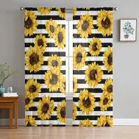Yiran Furniture Svartvita Blommor Genomskinliga Gardiner för Sovrum Vardagsrum Dekoration Fönstergardin för Kök Tyll Voile Organza Gardiner W135 x H115cm x1&Grommet Top