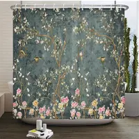 Household supplies MH Kinesisk stil Blomma och fåglar Träd Duschgardiner Badkar Gardin Vattentät badrumsinredning med krokar 3d-utskrift Badkargardin 90x180cm-35x70in