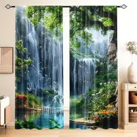 Yiran Furniture 2 st Moderna Landskapstryckta Gardiner Vattenfallsvy Ljusfiltrerande Dekorativa Kanalgardiner för Sovrumsfönster 100W130H(CM)40x51in&Grommet Top