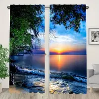 Household supplies MH 2-delade halvljusblockerande gardiner Tropisk ö Piratskepp Palmträd Design Stångficka Hängande för Sovrum Golvfönster Persienner 100W130H(CM)40x51in&Grommet Top