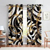 Yiran Furniture Polyester Mörkläggande Skuggande Fönstergardin för Vardagsrum, Sovrum, Heminredning, Billig, Modernt Lyxmärke, Svart och Guld, W50X130H(CM)X2PCS&Rod pocket
