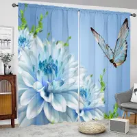 Yiran Furniture 2 st Blå Bakgrund Blommig Fjärilstryck Gardiner Polyestermaterial För Vardagsrum Sovrum Arbetsrum Multiscen Heminredning 100W130H(CM)40x51in&Grommet Top