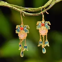 YIRAN Jewelry Naturliga Hetian Vit Jade Emaljporslin Tofsörhängen för Kvinnor Gammal Guldhantverk Gammal Rytm Hovsmycken